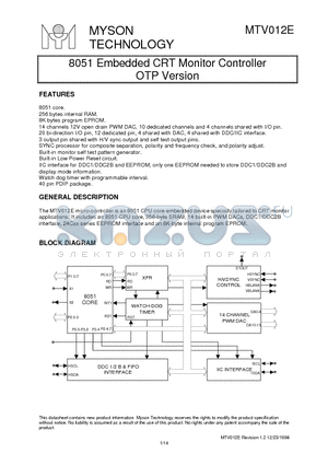 MTV012E datasheet - 8051 Embedded CRT Monitor Controller OTP Version