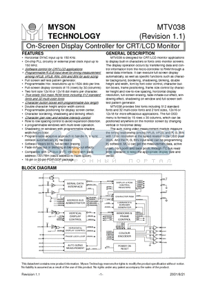 MTV038N20 datasheet - On-Screen Display Controller for CRT/LCD Monitor