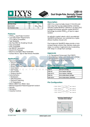 LBB110S datasheet - Dual Single-Pole, Normally Closed OptoMOS Relay