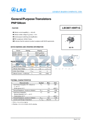 LBC807-16WT3G datasheet - General Purpose Transistors PNP Silicon