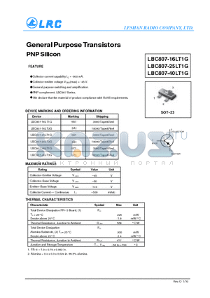 LBC807-25LT1G datasheet - General Purpose Transistors PNP Silicon