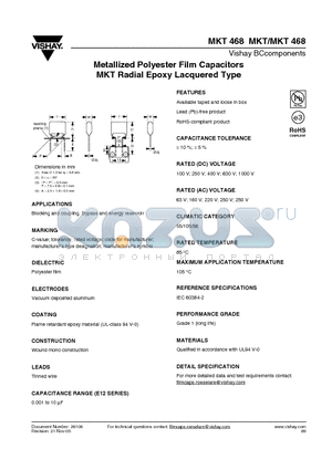 MKT/MKT468 datasheet - Metallized Polyester Film Capacitors MKT Radial Epoxy Lacquered Type