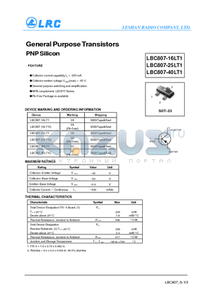 LBC807-40LT1 datasheet - General Purpose Transistors PNP Silicon