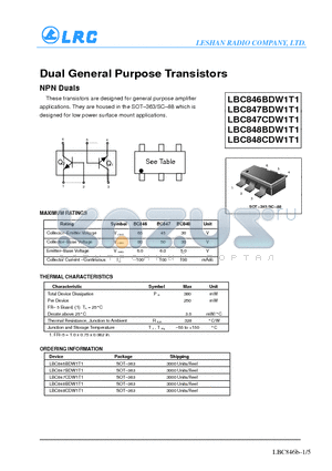 LBC846BDW1T1 datasheet - Dual General Purpose Transistors NPN Duals