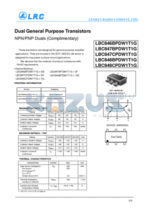 LBC847BPDW1T1G datasheet - Dual General Purpose Transistors