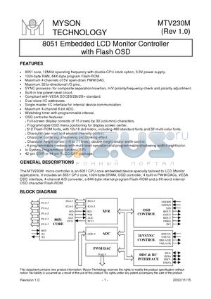 MTV230MS64 datasheet - 8051 Embedded LCD Monitor Controller with Flash OSD