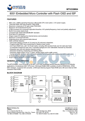 MTV230M64 datasheet - 8051 Embedded Micro Controller with Flash OSD and ISP