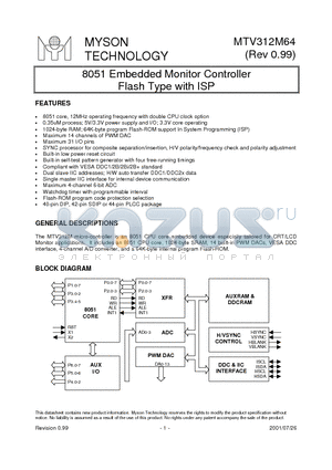 MTV312MV64 datasheet - 8051 Embedded Monitor Controller Flash Type with ISP