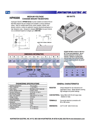 HPK600 datasheet - MEDIUM VOLTAGE CHASSIS MOUNT RESISTORS