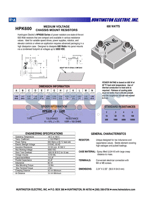 HPK600-K-100R datasheet - MEDIUM VOLTAGE CHASSIS MOUNT RESISTORS