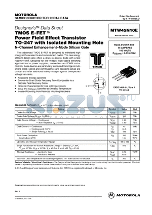 MTW45N10E datasheet - TMOS POWER FET 45 AMPERES 100 VOLTS RDS(on) = 0.035 OHM