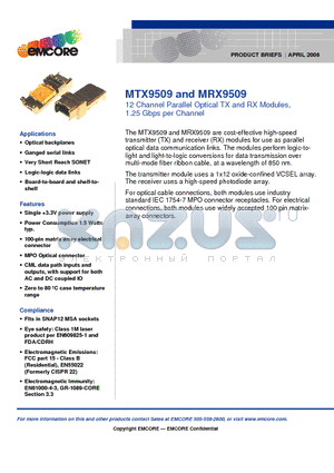 MTX9509 datasheet - 12 Channel Parallel Optical TX and RX Modules, 1.25 Gbps per Channel