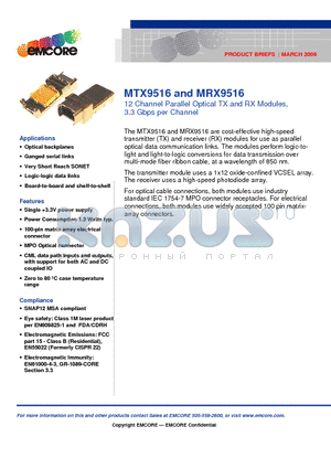 MTX9516 datasheet - 12 Channel Parallel Optical TX and RX Modules, 3.3 Gbps per Channel
