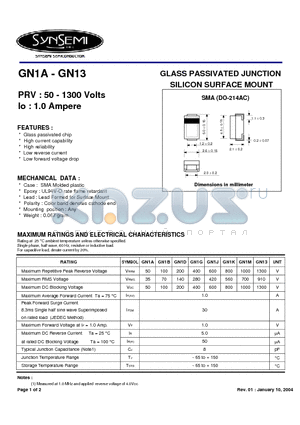 GN1A datasheet - GLASS PASSIVATED JUNCTION SILICON SURFACE MOUNT