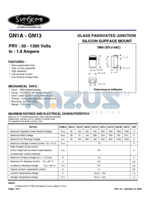 GN1B datasheet - GLASS PASSIVATED JUNCTION SILICON SURFACE MOUNT