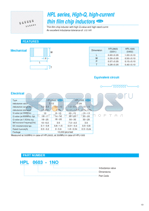 HPL0603-1NO datasheet - HPL series, High-Q, high-current thin film chip inductors