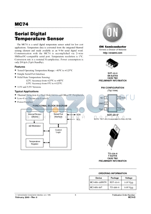 MC74 datasheet - Serial Digital Temperature Sensor