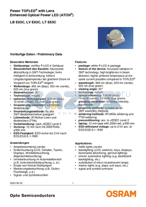 LBE63C datasheet - Power TOPLED with Lens Enhanced Optical Power LED (ATON)