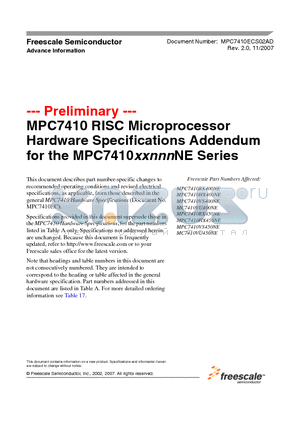 MC7410VU450NE datasheet - MPC7410 RISC Microprocessor Hardware Specifications Addendum