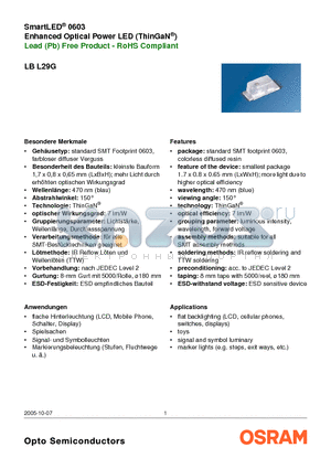LBL29G-P2R1-35-1 datasheet - SmartLED^ 0603 Enhanced Optical Power LED (ThinGaN^) Lead (Pb) Free Product - RoHS Compliant