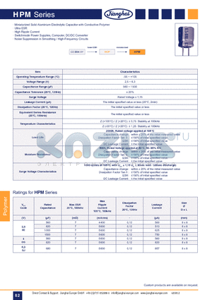 HPM datasheet - PC SMD 105`C Ultra Low ESR High Ripple Current 2.000h Miniaturized(Polymer SMD)