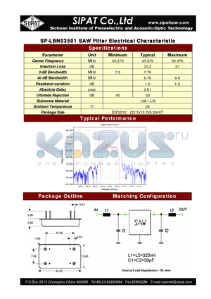 LBN03501 datasheet - SAW Filter Electrical Characteristic