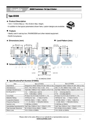 EE1310 datasheet - MODEM Transformer< Pin Type: EE Series>