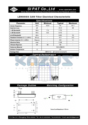 LBN04404 datasheet - SAW Filter Electrical Characteristic