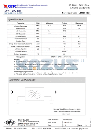 LBN05502 datasheet - 55.2MHz SAW Filter 7.1MHz Bandwidth