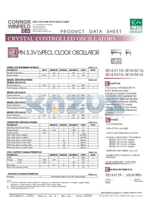 EE14-531G datasheet - 14 PIN 3.3V LVPECL CLOCK OSCILLATOR