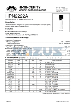HPN2222A datasheet - NPN EPITAXIAL PLANAR TRANSISTOR