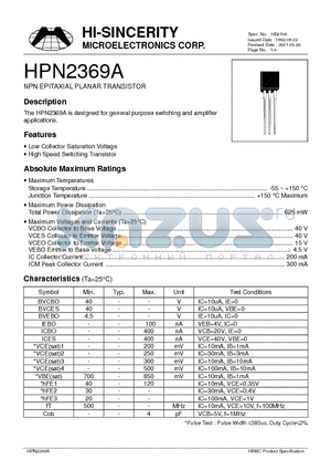 HPN2369A datasheet - NPN EPITAXIAL PLANAR TRANSISTOR