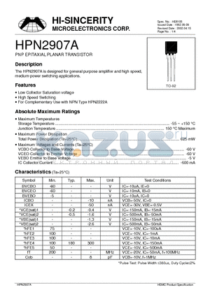 HPN2907A datasheet - PNP EPITAXIAL PLANAR TRANSISTOR