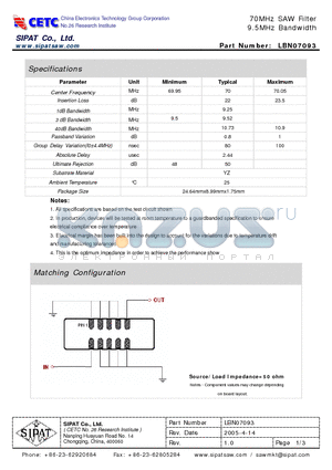 LBN07093 datasheet - 70MHz SAW Filter 9.5MHz Bandwidth