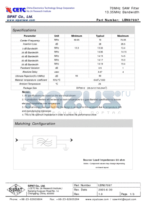 LBN07097 datasheet - 70MHz SAW Filter 13.35MHz Bandwidth