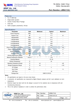 LBN07705 datasheet - 76.8MHz SAW Filter 5MHz Bandwidth