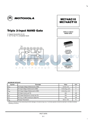 MC74AC10N datasheet - TRIPLE 3-INPUT NAND GATE