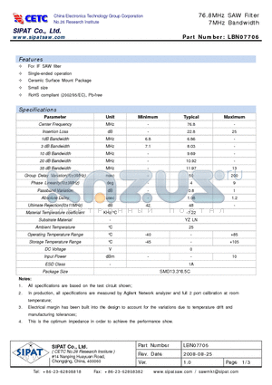 LBN07706 datasheet - 76.8MHz SAW Filter 7MHz Bandwidth