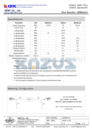 LBN08016 datasheet - 80MHz SAW Filter 24MHz Bandwidth