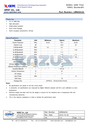 LBN08039 datasheet - 80MHz SAW Filter 6MHz Bandwidth