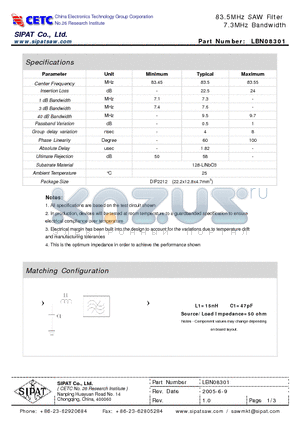 LBN08301 datasheet - 83.5MHz SAW Filter 7.3MHz Bandwidth