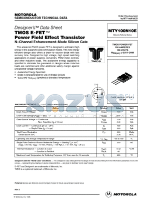 MTY100N10E datasheet - TMOS POWER FET 100 AMPERES 100 VOLTS RDS(on) = 0.011 OHM