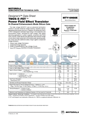 MTY16N80E datasheet - TMOS POWER FET 16 AMPERES 800 VOLTS RDS(on) = 0.50 OHM