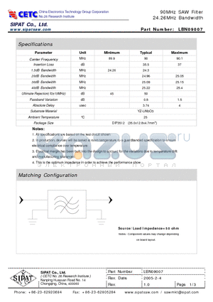 LBN09007 datasheet - 90MHz SAW Filter 24.26MHz Bandwidth