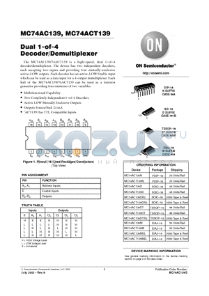 MC74AC139MEL datasheet - DUAL 1-OF-4 DECODER/DEMULTIPLEXER