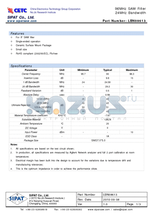 LBN09613 datasheet - 96MHz SAW Filter 24MHz Bandwidth