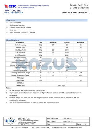 LBN09801 datasheet - 98MHz SAW Filter 21MHz Bandwidth