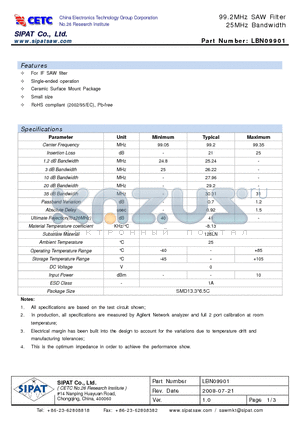 LBN09901 datasheet - 99.2MHz SAW Filter 25MHz Bandwidth