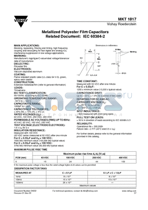 MKT1817-233-255-D datasheet - Metallized Polyester Film Capacitors Related Document : IEC 60384-2
