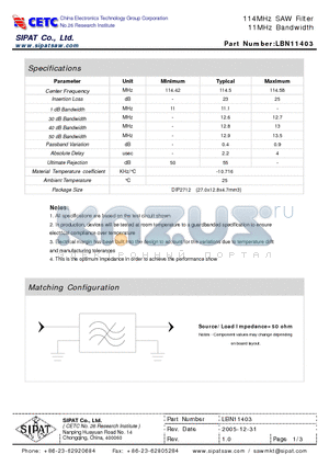 LBN11403 datasheet - 114MHz SAW Filter 11MHz Bandwidth